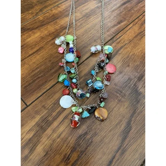 NEW Multi Gemstone Chip Necklace Artisan Handcrafted Multi Strand Boho Natural - Picture 2 of 6